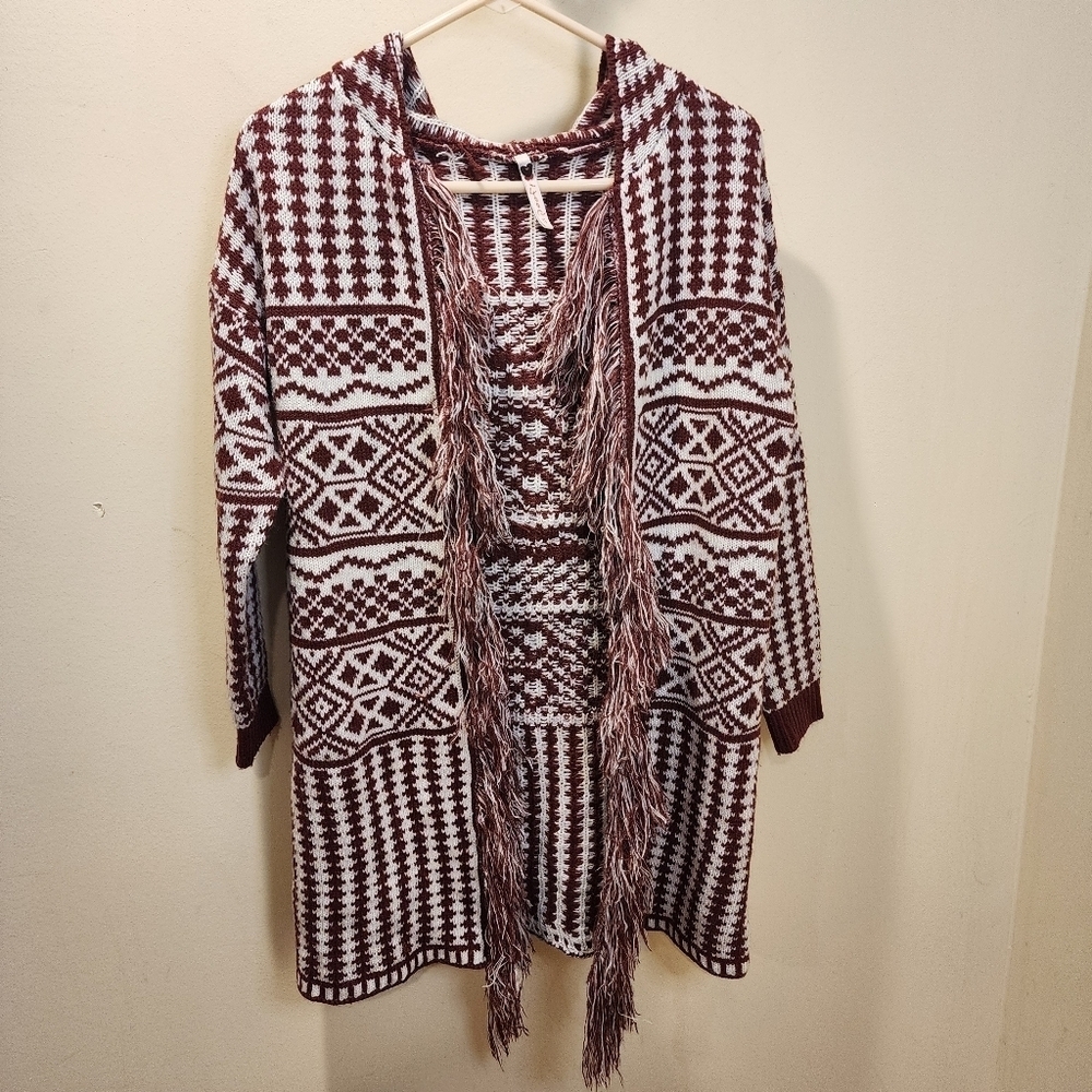 Poof! Open Front Frindge Hooded cotton acrylic blend Cardigan size S